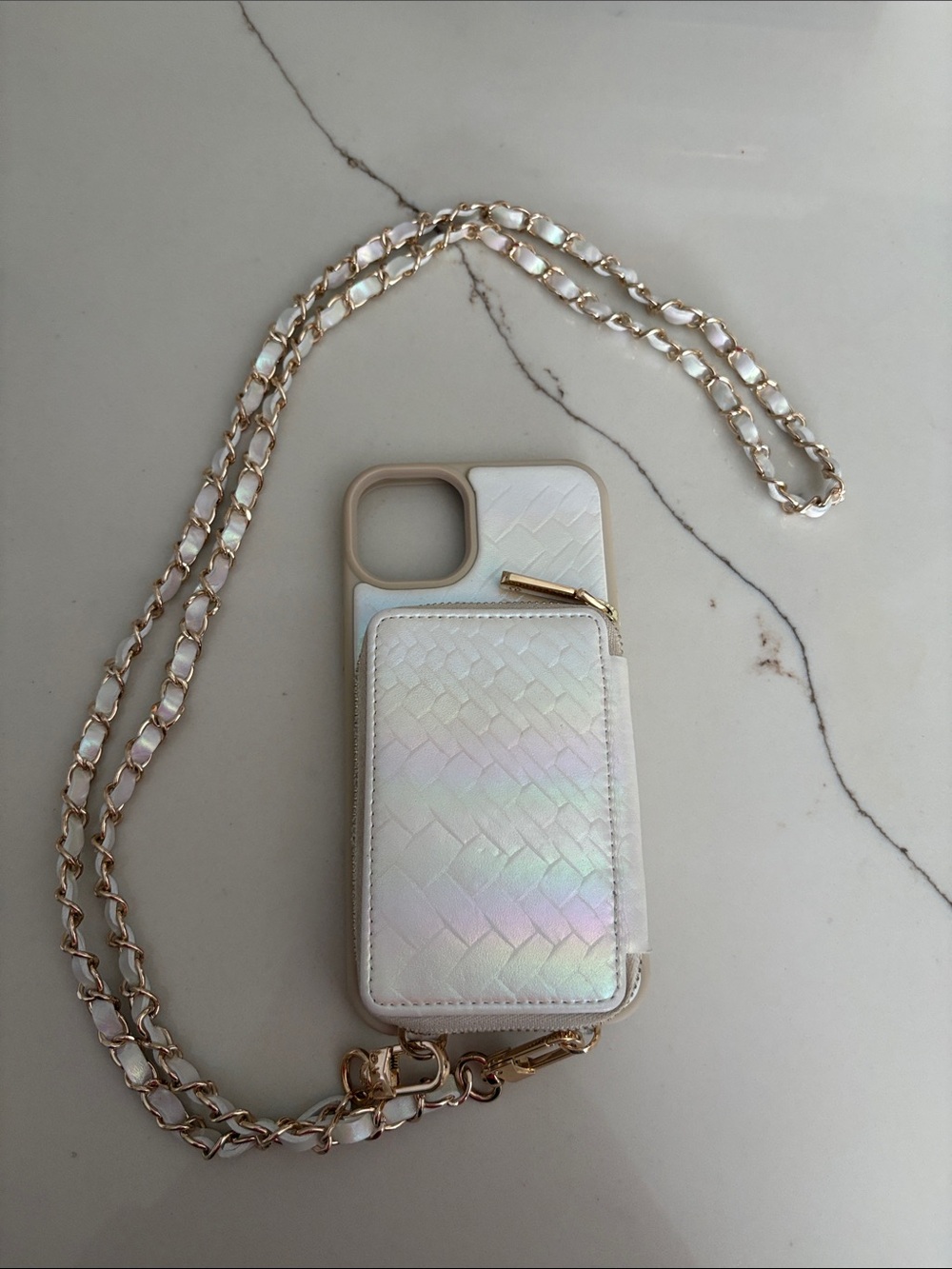 Iridescent White Crossbody Phone Case with Card Pocket and Chain Strap